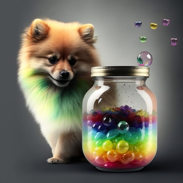 An image of a pomeranian with a rainbow in a jar