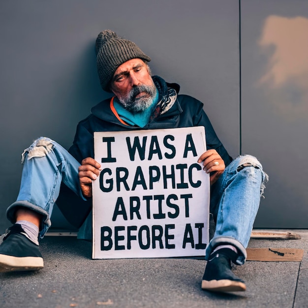 Image of a poor homeless person laying on the ground hold a sign that says I was a graphic artist before AI