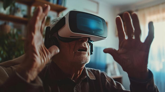 An image portraying the excitement of an elderly individual using VR