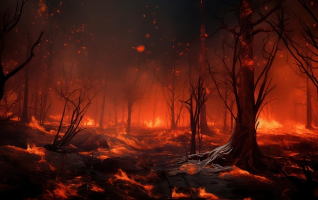 An image portraying the impact of fire disaster on a jungle in flames