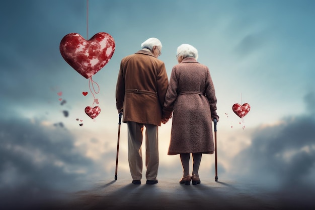 The image portrays an elderly couple both using walking sticks holding hands in the shape of a heart