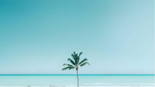 The image portrays a serene beach with a solitary palm tree standing tall generated ai