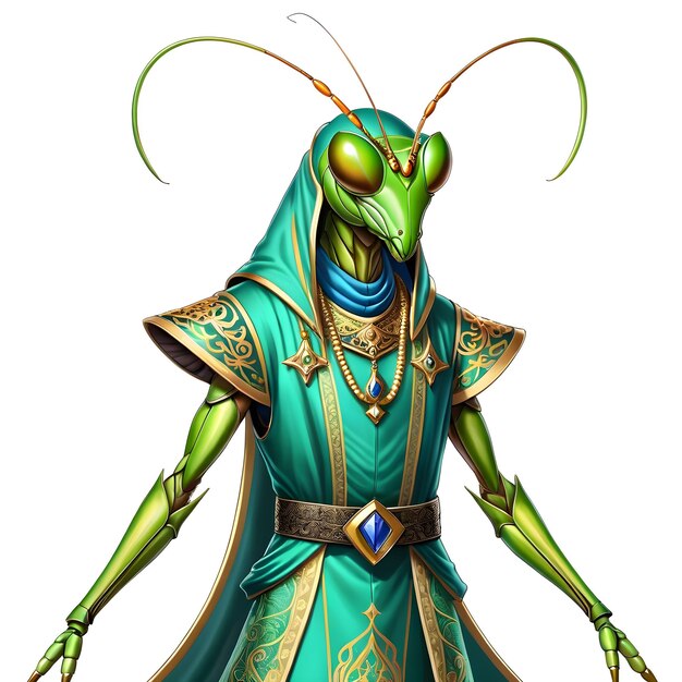Photo the image of a praying mantis dressed in a janissary costume complete with intricate tattoo pattern