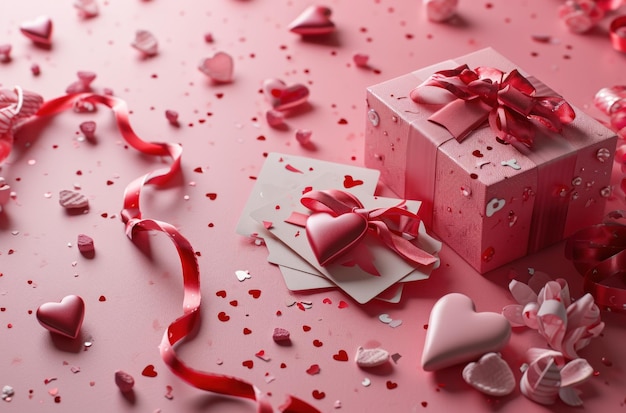 an image of a present cards hearts and ribbon on a pink background