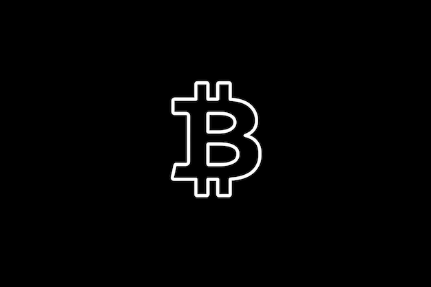 The image presents a minimalistic illustration of a glowing bitcoin outline