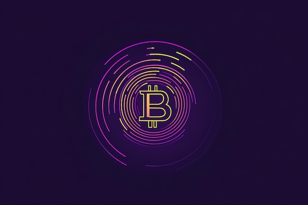 The image presents a minimalistic illustration of a glowing bitcoin outline