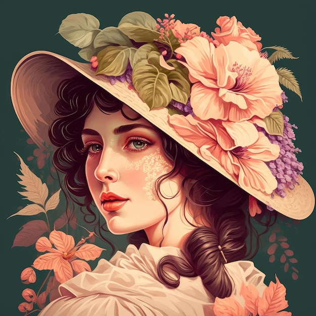 Image of pretty woman wearing hat decorated with flower and petal in victoria