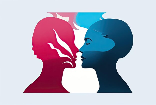 image of profile of the woman with blue and pink head in the style of psychological phenomena