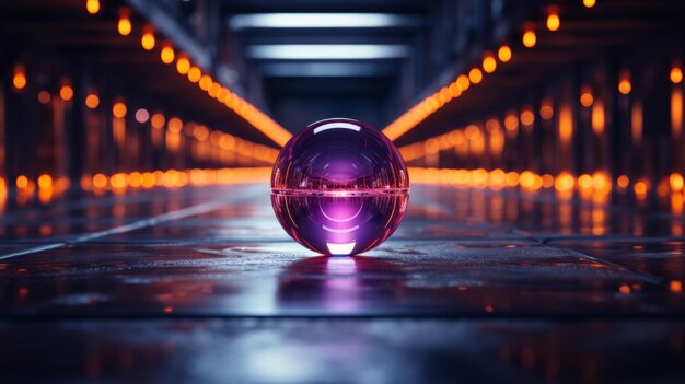 An image of a purple glass ball sitting in a dark room