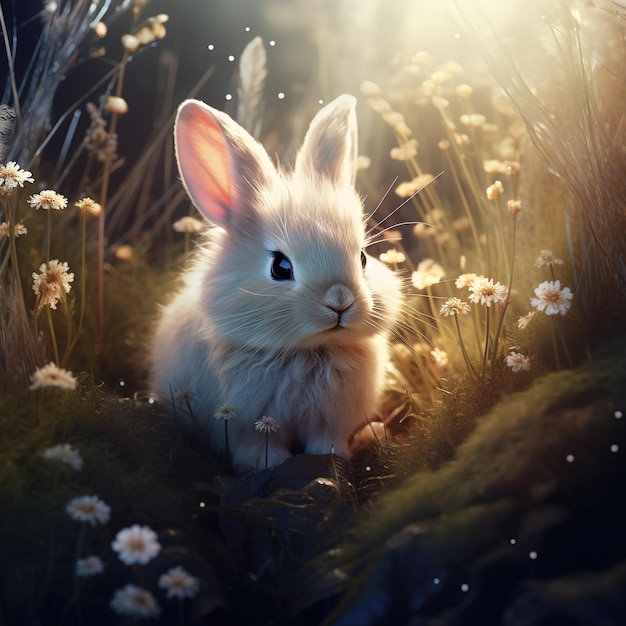 아름다운 꽃을 안고 있는 토끼의 이미지 야생동물 일러스트 생성 AI