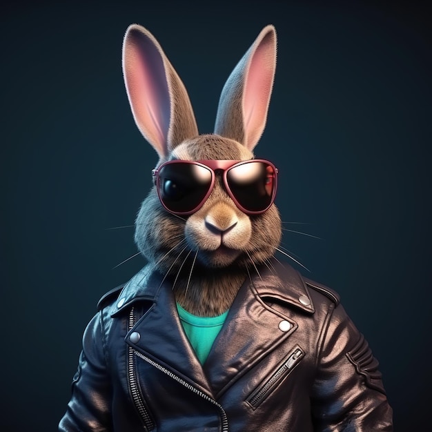 Image of a rabbit wore sunglasses and wore a leather jacket on clean background Wildlife Animals Illustration Generative AI