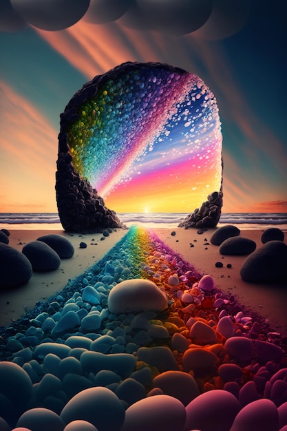 Image of a rainbow tunnel on the beach generative ai