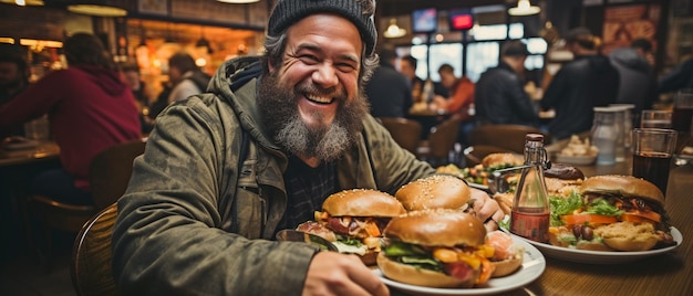 Photo an image of a ravenous plussized man consuming a burger at a city cafe