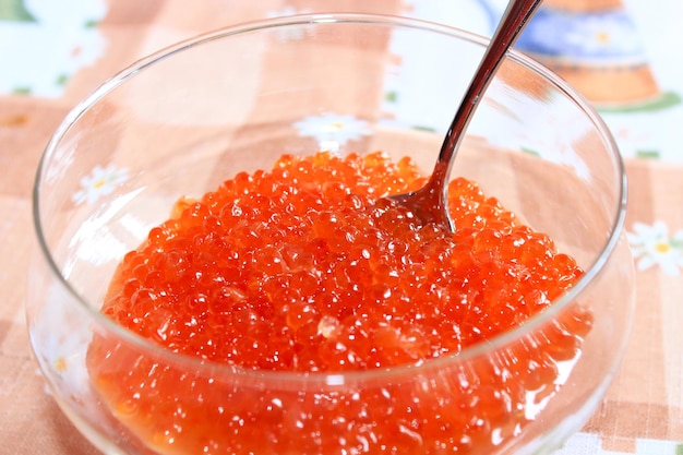 Image of red caviar in a plate with the spoon