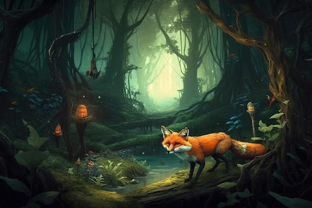 Image of red fox in the forest Wildlife Animals Illustration Generative AI