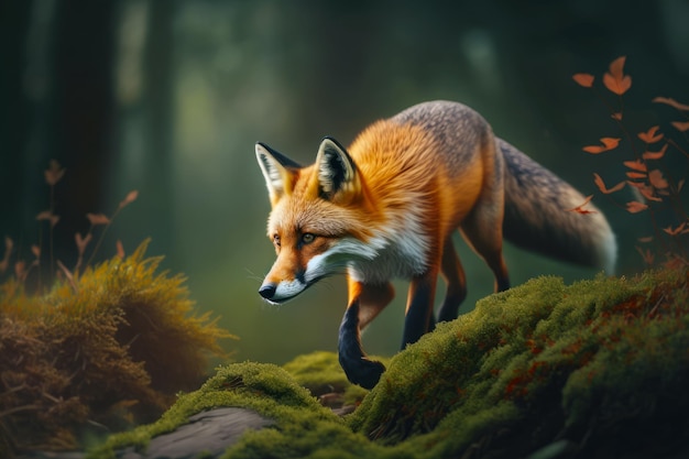 Image of red fox running through mossy area in the woods Generative AI