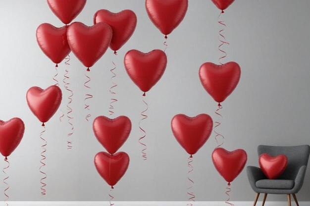 An image of red heartshaped balloons floating in the air in a room