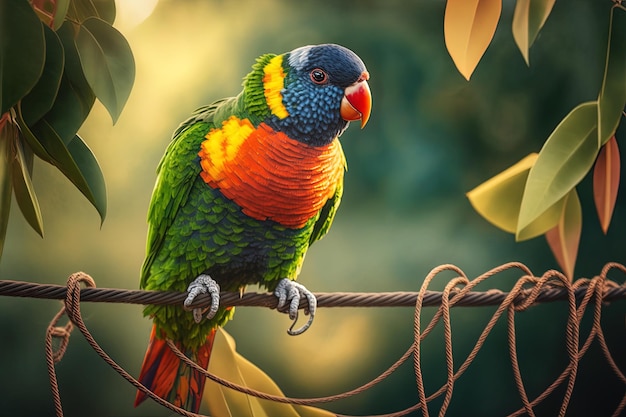Image of a redcollared lorikeet in closeup perched on a rope in the sunshine among some plants