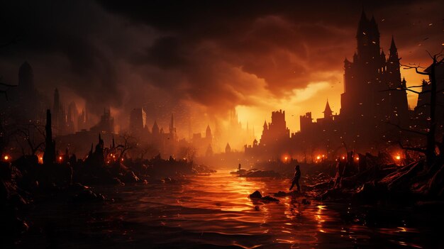 Image representing a destroyed city in a fire