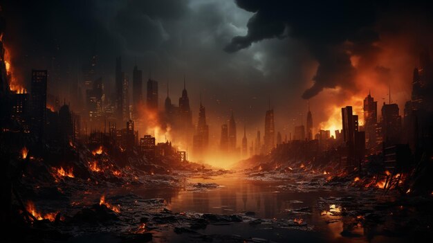 火災で破壊された都市を表す画像