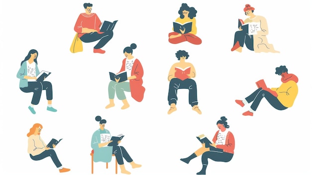 The image represents people reading in various poses It is a simple modern illustration in flat design style