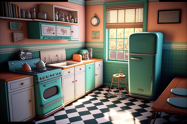 Photo image of retro kitchen interiors fridge and dining table created using generative ai technology