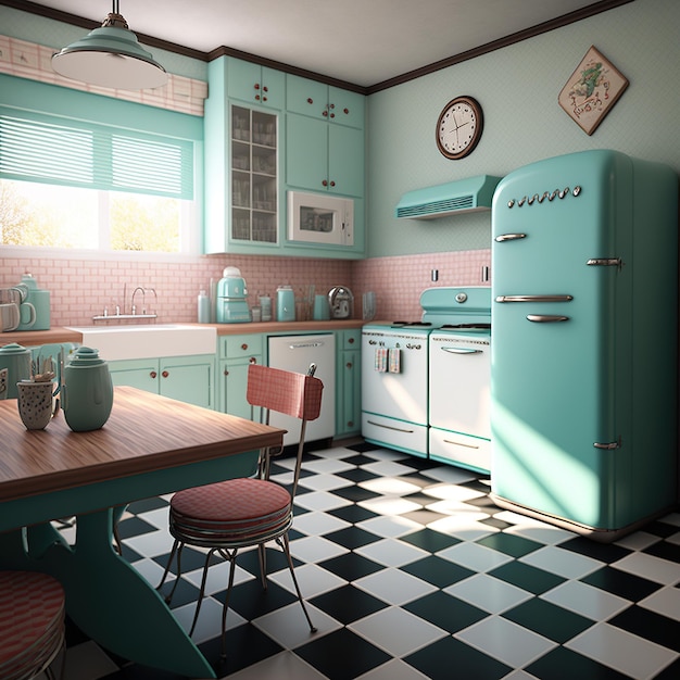 Image of retro kitchen interiors with fridge and appliances created using generative ai technology