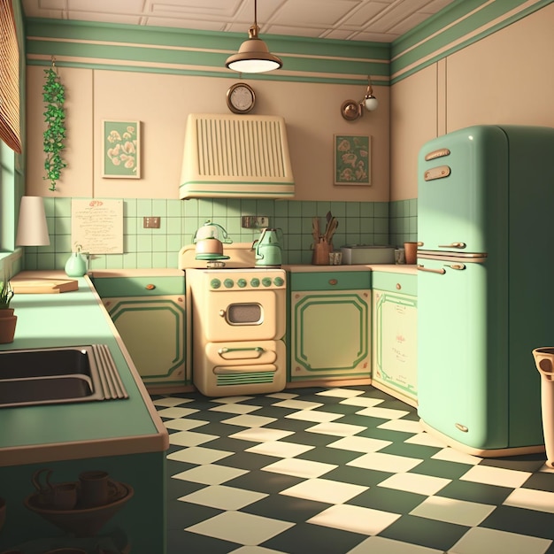 Image of retro kitchen interiors with fridge and appliances created using generative ai technology