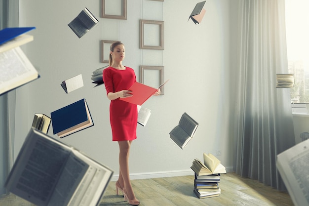 Image of room full of flying books. mixed media