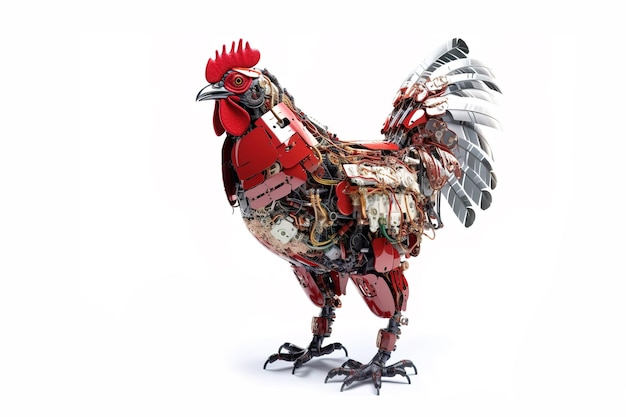 Image of a rooster modified into a robot on a white background Farm animals illustration generative AI