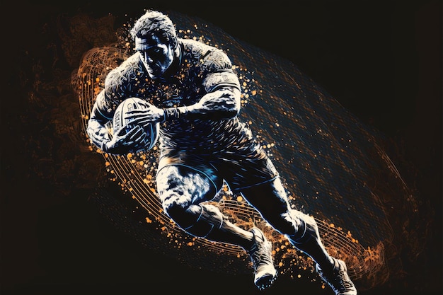 Image of rugby player hitting ball on field on dark illuminated background generative ai