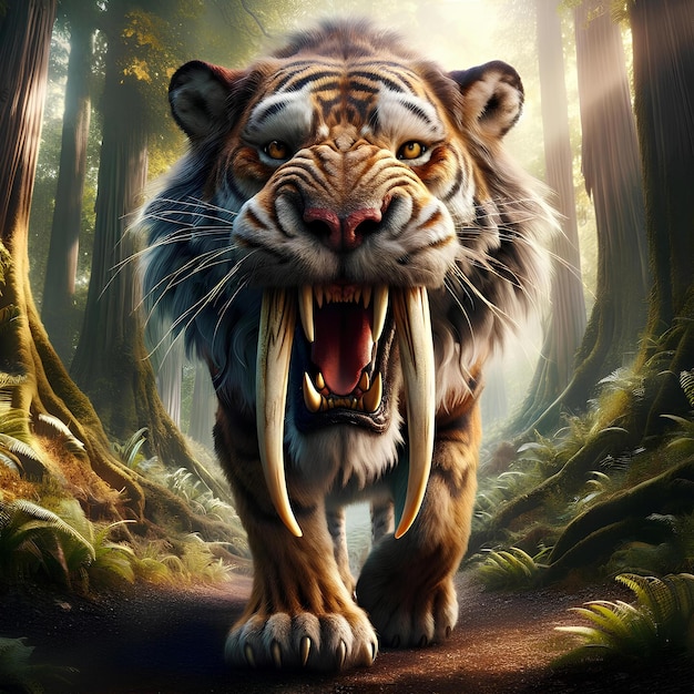 image of a saber tooth tiger walking towards you