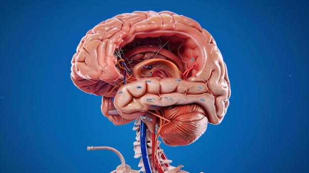 Photo an image of a sagittal section of the human brain labeled with region names in 3d