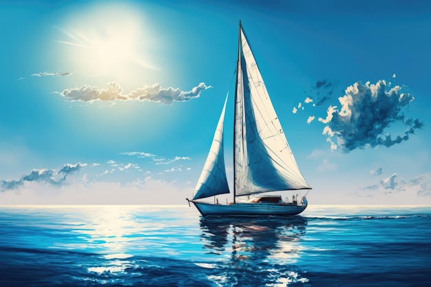 Image of sailing boat on sea over clouds and blue sky created using generative ai technology