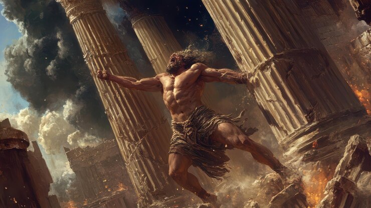 image of Samson tearing down the pillars of the Philistine temple with his immense strength sacrificing himself to defeat his enemies