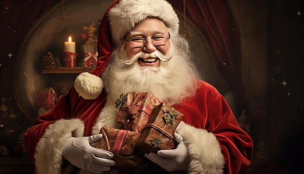 サンタクロースがプレゼントを握り,キッチな美学的なスタイルで彼の後ろに微笑んでいる画像