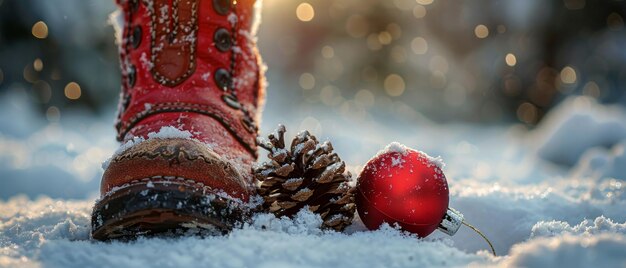An image of Santa39s boot and cedar cone with a red ball on snow