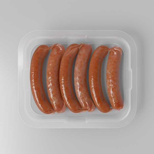 Photo image of sausage in a white plastic tray isolated on a white background