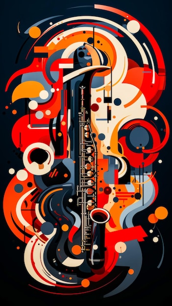 Image of saxophone on black background with circles generative ai