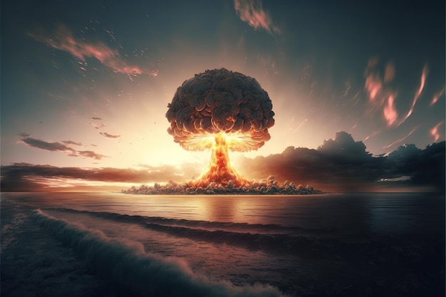 Image of sea landscape with nuclear explosion created using generative ai technology