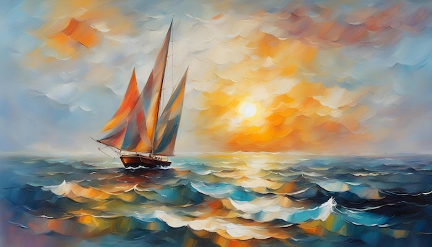 image of seascape paintings with sunlight background oil painting