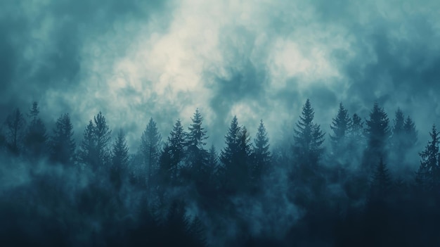 Photo an image of a serene forest with a subtle depiction of a violent storm brewing in the background