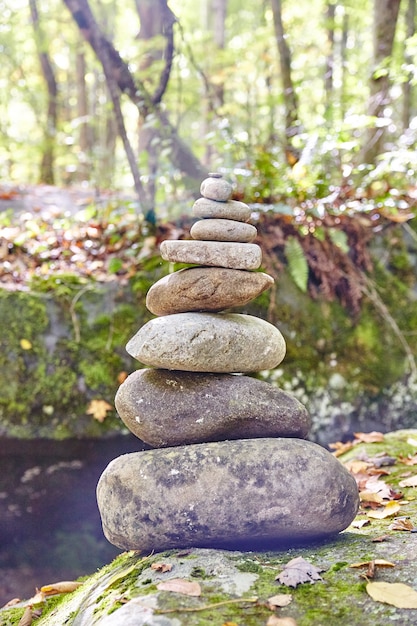 Image of Serene stack of oval shaped rocks with trees and a river in the background