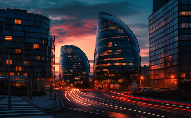 An image of several buildings viewed at dusk