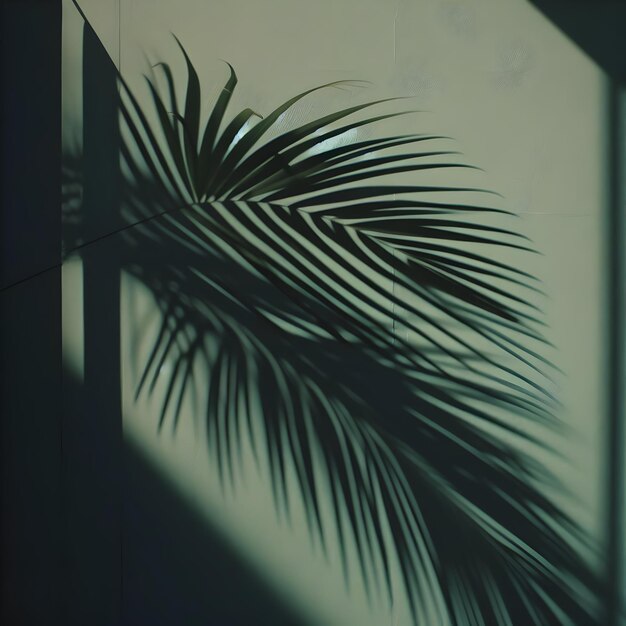 Image of Shadow from Palm Leaves on the Green Wall and Sun Lights