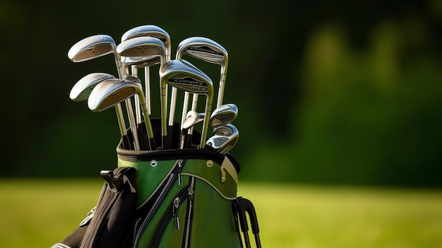 An image of a shiny set of golf clubs in a bag agains grassy field