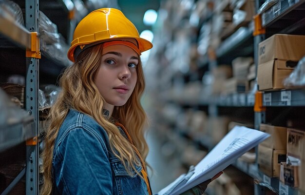 An image of a shipping engineer lady inspecting supplies and commodities on shelves while conducting a background inventory of the goods at a factory warehouse