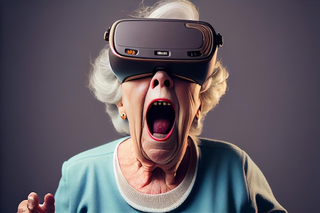 Image of shocked senior lady shouting while exploring virtual reality Generate Ai