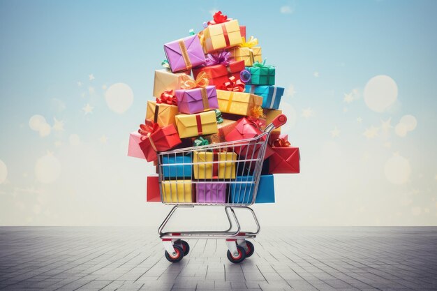 An image of a shopping cart filled to the brim with a variety of colorful and festive presents Shopping cart housing a myriad of colorful wrapped gifts AI Generated