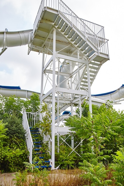 Image of Shot of the base of a staircase overgrown with greenery and shrubs leading up to a water slide